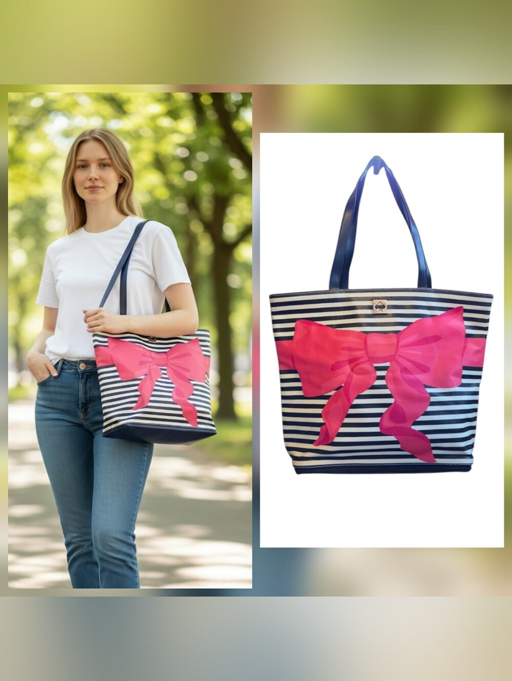 NWOT Kate Spade Striped Bow Canvas Sonoma Large Tote Bag Purse Black White Pink